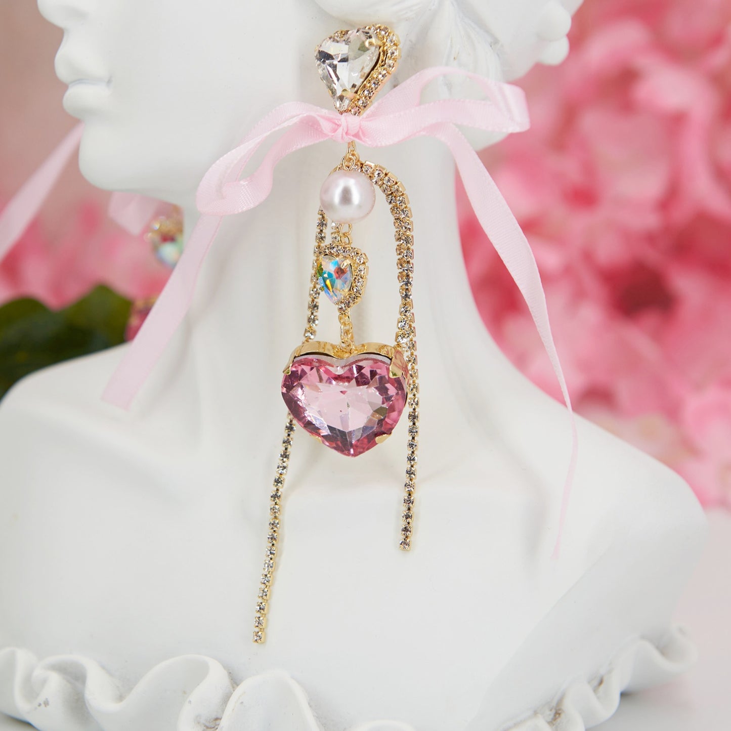 Mina earrings: Barbiecore glam with heart rhinestones, pearl detail, and zircon chains. Perfect for bold Y2K party looks.