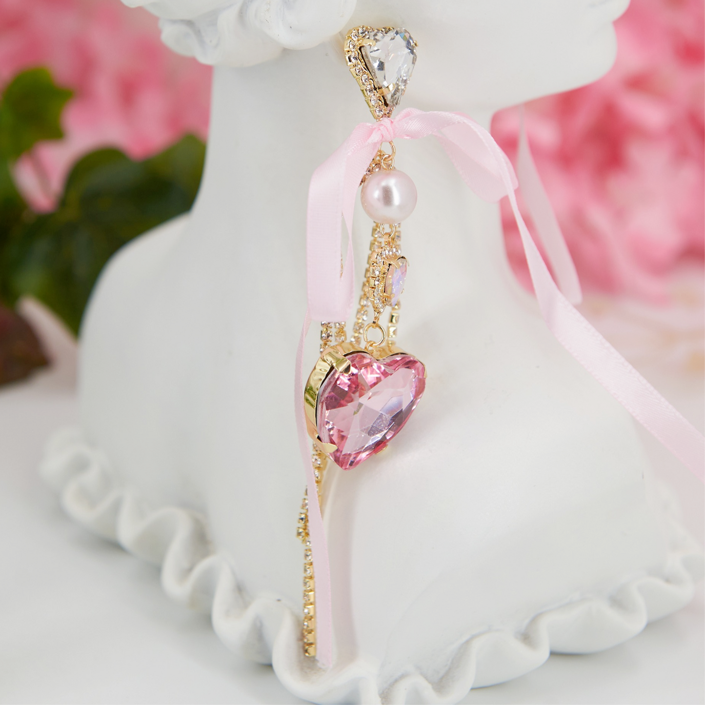 Mina earrings: Barbiecore glam with heart rhinestones, pearl detail, and zircon chains. Perfect for bold Y2K party looks.