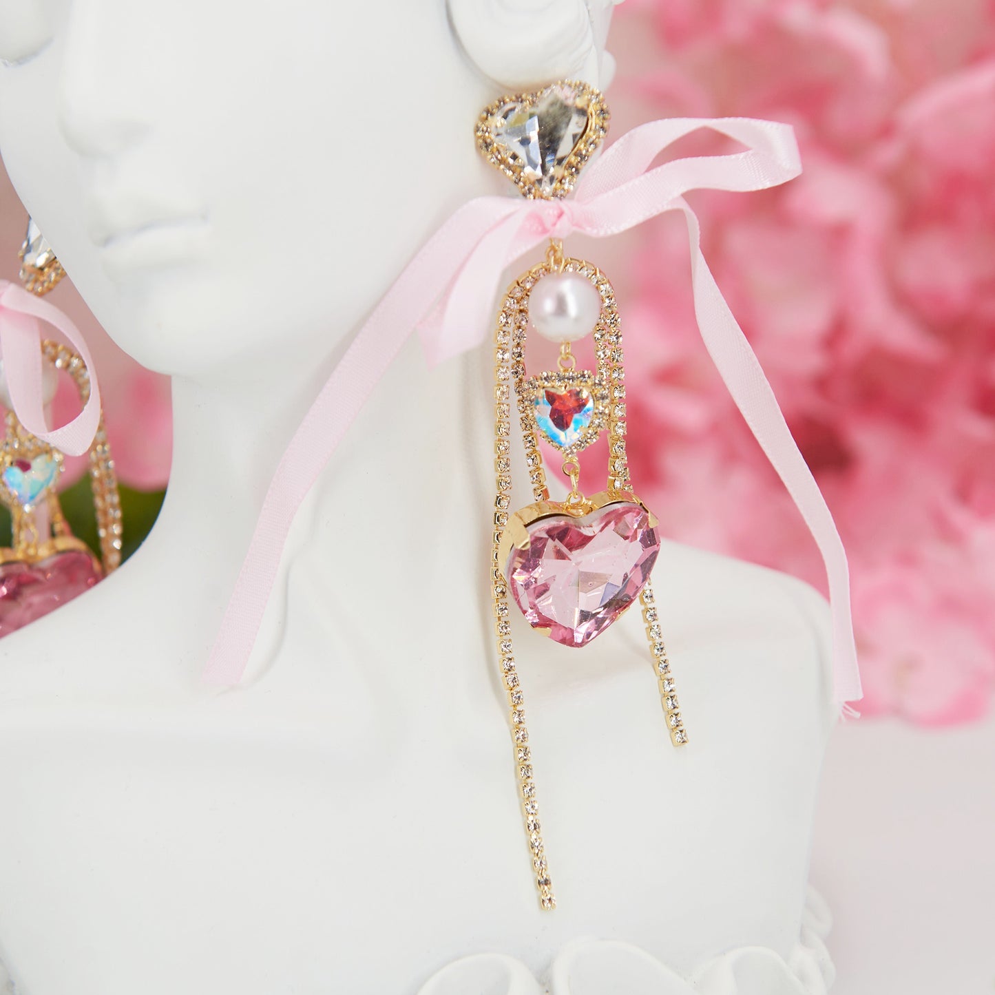 Mina earrings: Barbiecore glam with heart rhinestones, pearl detail, and zircon chains. Perfect for bold Y2K party looks.