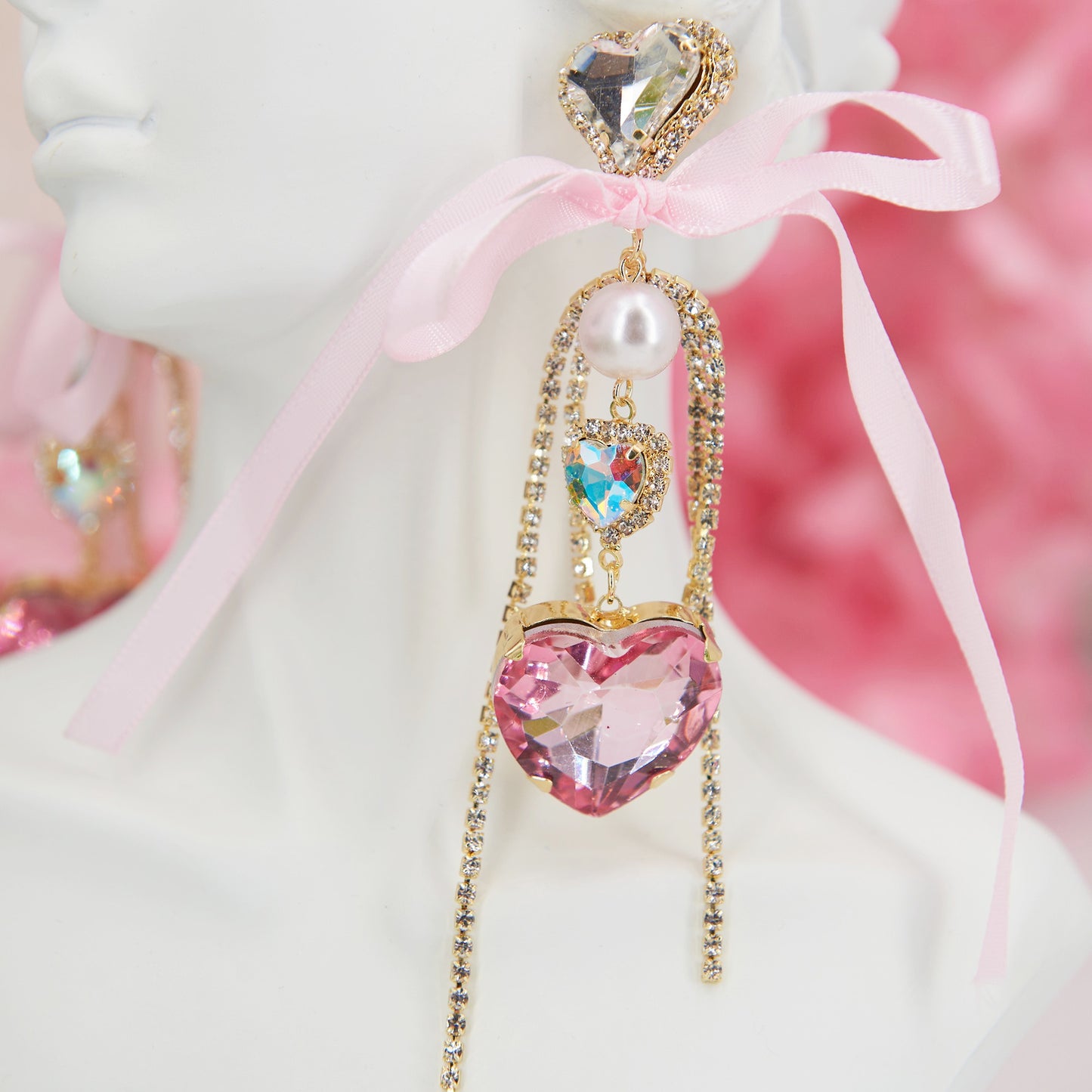 Mina earrings: Barbiecore glam with heart rhinestones, pearl detail, and zircon chains. Perfect for bold Y2K party looks.
