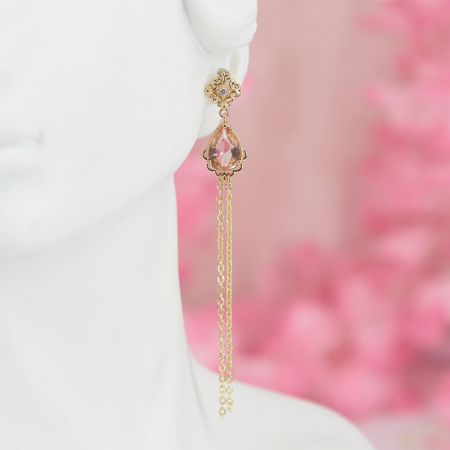"Persephone" earrings: Asymmetrical dangles with butterflies and coral zircons. 7 cm of spring charm, cottagecore elegance in every detail.