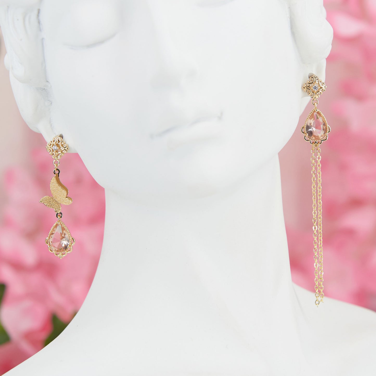 "Persephone" earrings: Asymmetrical dangles with butterflies and coral zircons. 7 cm of spring charm, cottagecore elegance in every detail.